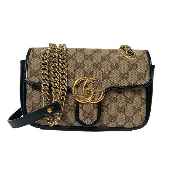 $2500 Gucci Beige Black Mini GG Monogram Marmont Diagonal Crossbody Bag - Picture 1 of 14